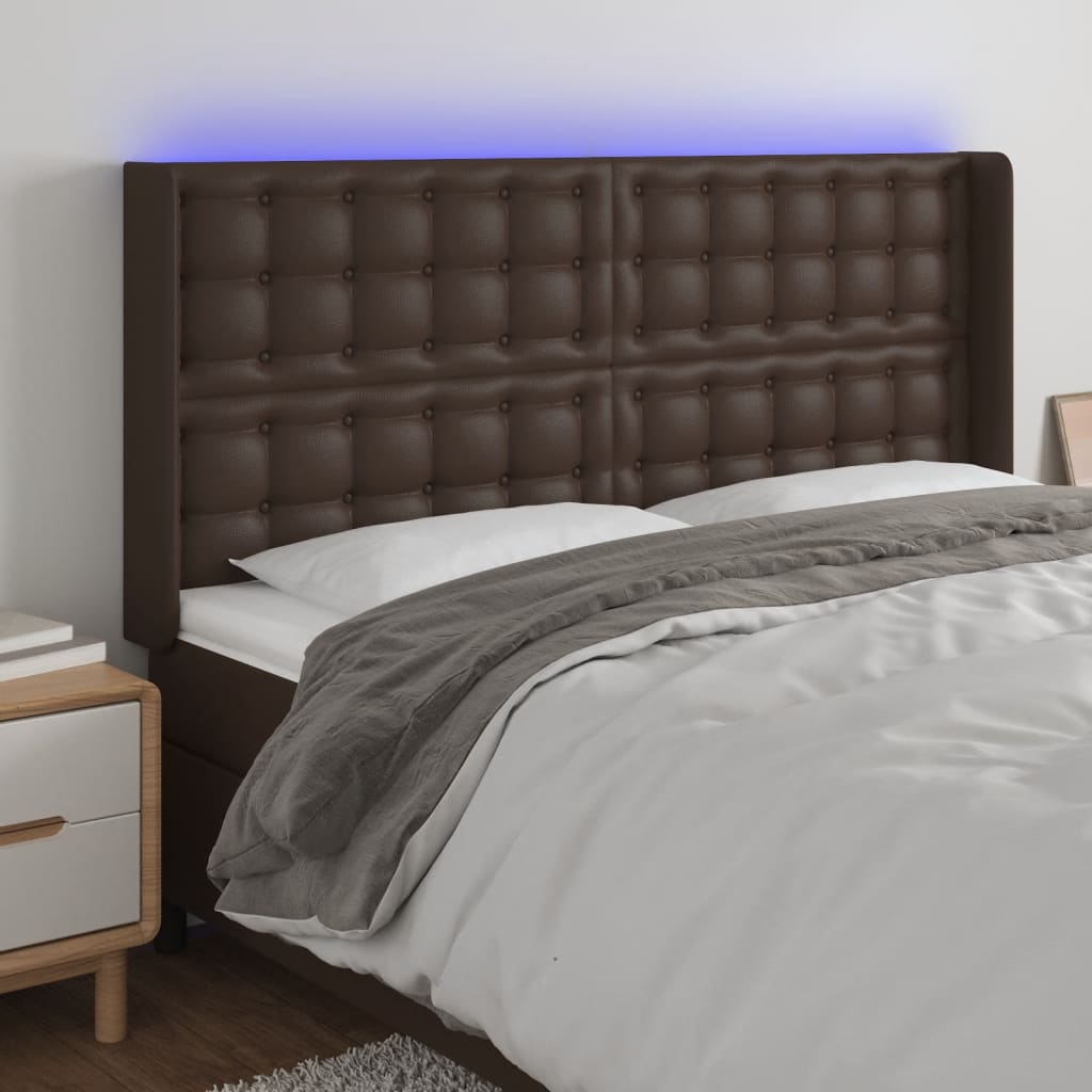 vidaXL Tăblie de pat cu LED, maro, 183x16x118/128 cm, piele ecologică