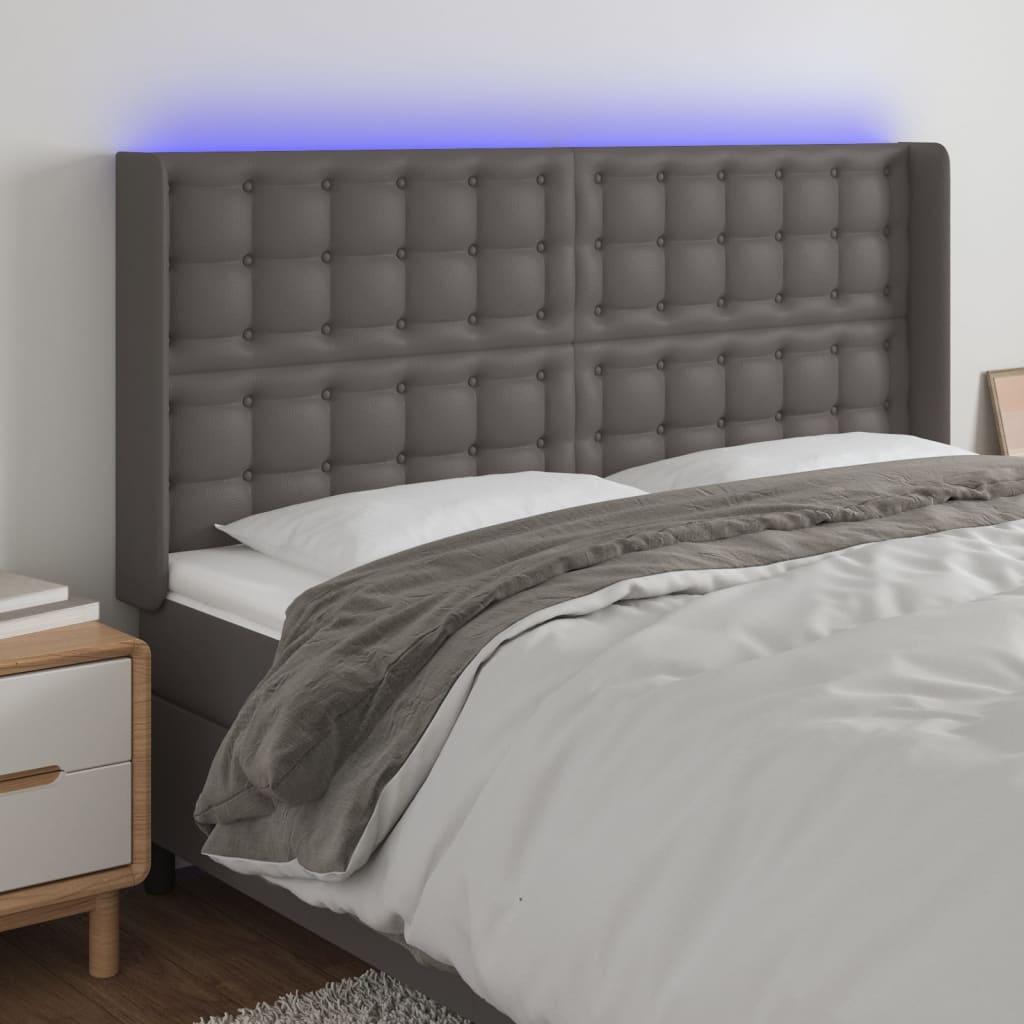 vidaXL Tăblie de pat cu LED, gri, 183x16x118/128 cm, piele ecologică