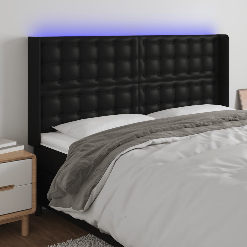 Čelo postele s LED černé 203 x 16 x 118/128 cm umělá kůže