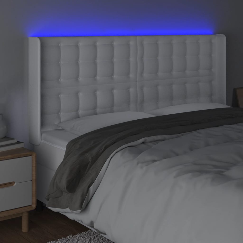 gultas galvgalis ar LED, 203x16x118/128 cm, balta mākslīgā āda | Stepinfit.lv