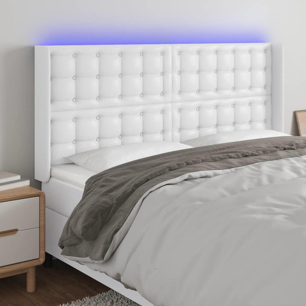 vidaXL Tăblie de pat cu LED, alb, 203x16x118/128 cm, piele ecologică