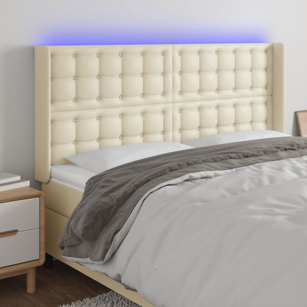 vidaXL Tăblie de pat cu LED, crem, 203x16x118/128 cm, piele ecologică