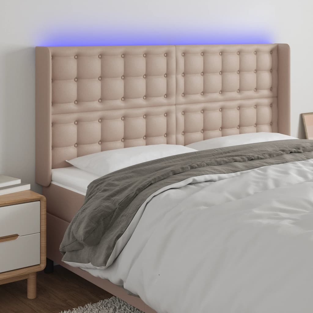 vidaXL Tăblie de pat cu LED, cappuccino, 203x16x118/128 cm, piele eco