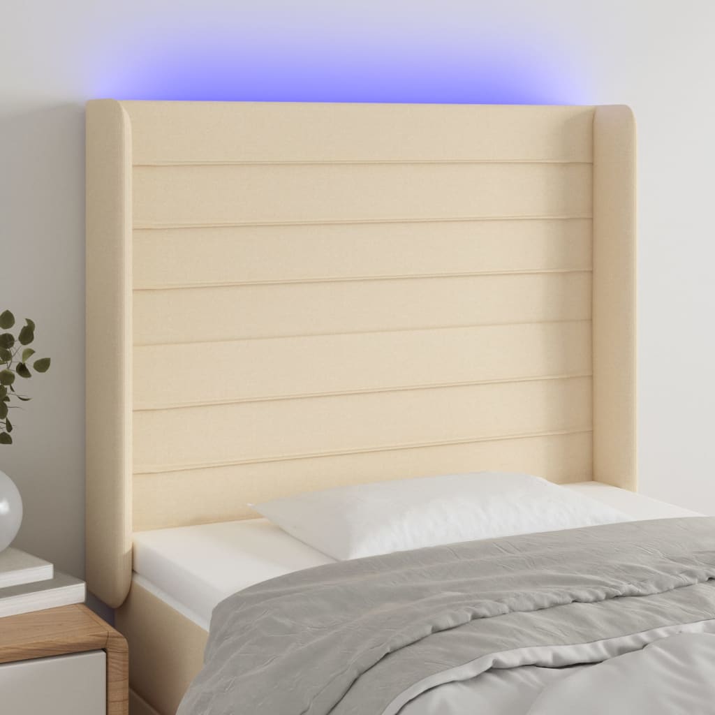 gultas galvgalis ar LED, 103x16x118/128 cm, krēmkrāsas audums | Stepinfit.lv