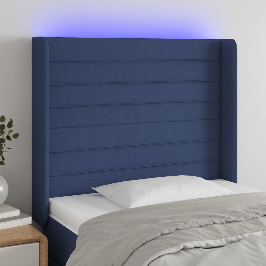 vidaXL sengegavl med LED-lys 103x16x118/128 cm stof blå