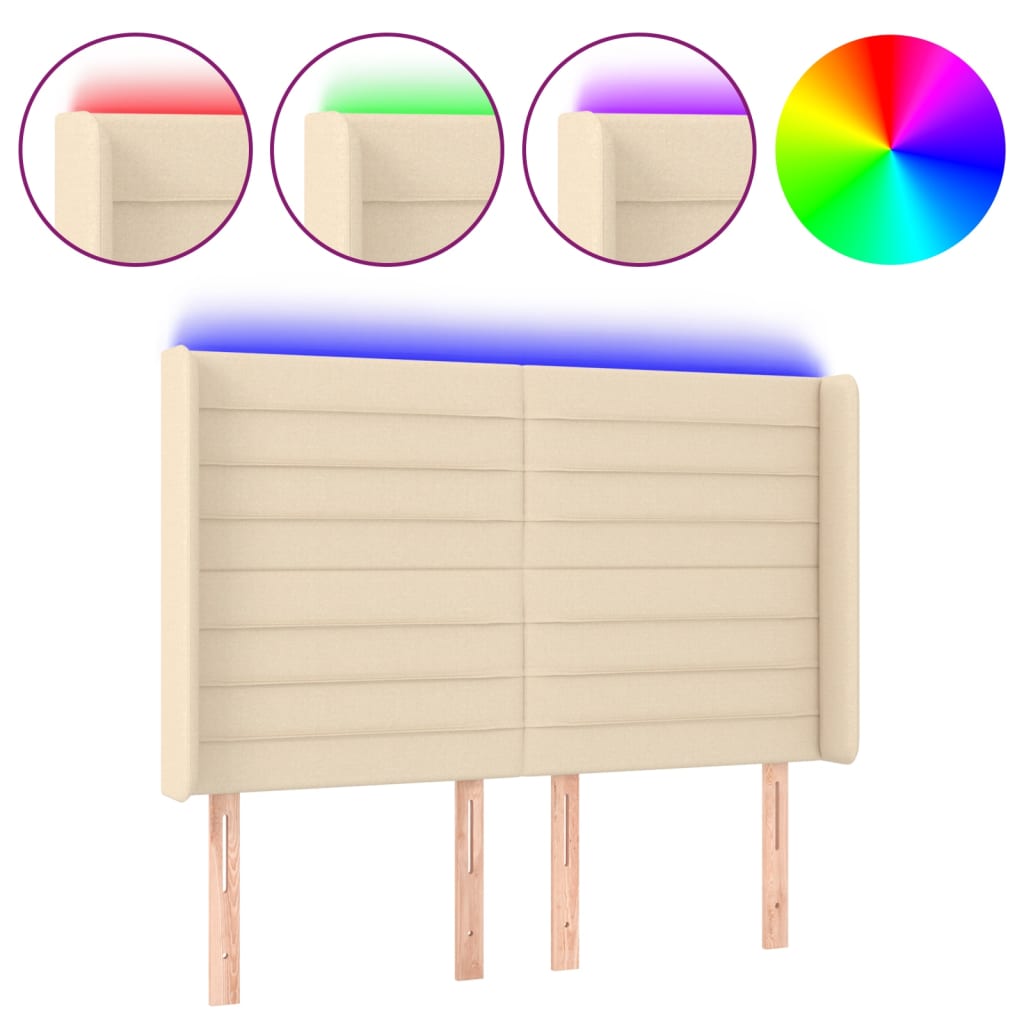 vidaXL Čelo postele s LED krémové 147 x 16 x 118/128 cm textil