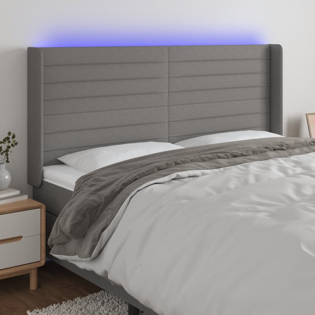 vidaXL Tăblie de pat cu LED, gri închis, 163x16x118/128 cm, textil
