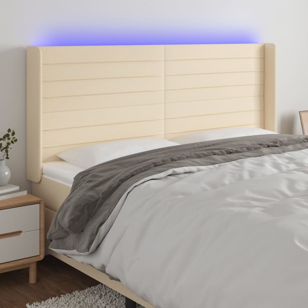 gultas galvgalis ar LED, 163x16x118/128 cm, krēmkrāsas audums | Stepinfit.lv