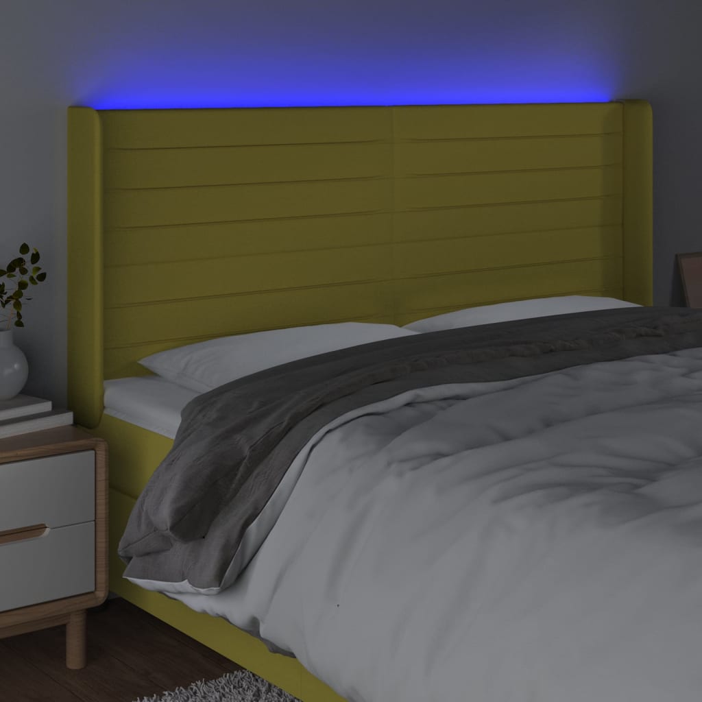 gultas galvgalis ar LED, 163x16x118/128 cm, zaļš audums | Stepinfit.lv