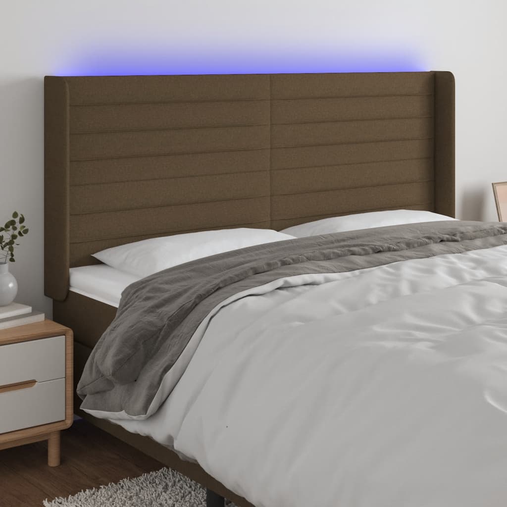 Čelo postele s LED tmavě hnědé 203 x 16 x 118/128 cm textil