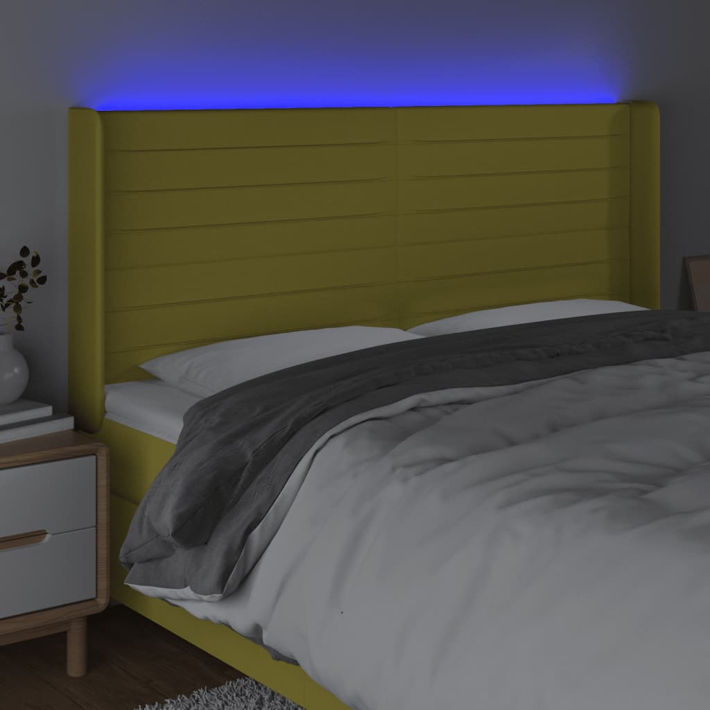gultas galvgalis ar LED, 203x16x118/128 cm, zaļš audums | Stepinfit.lv