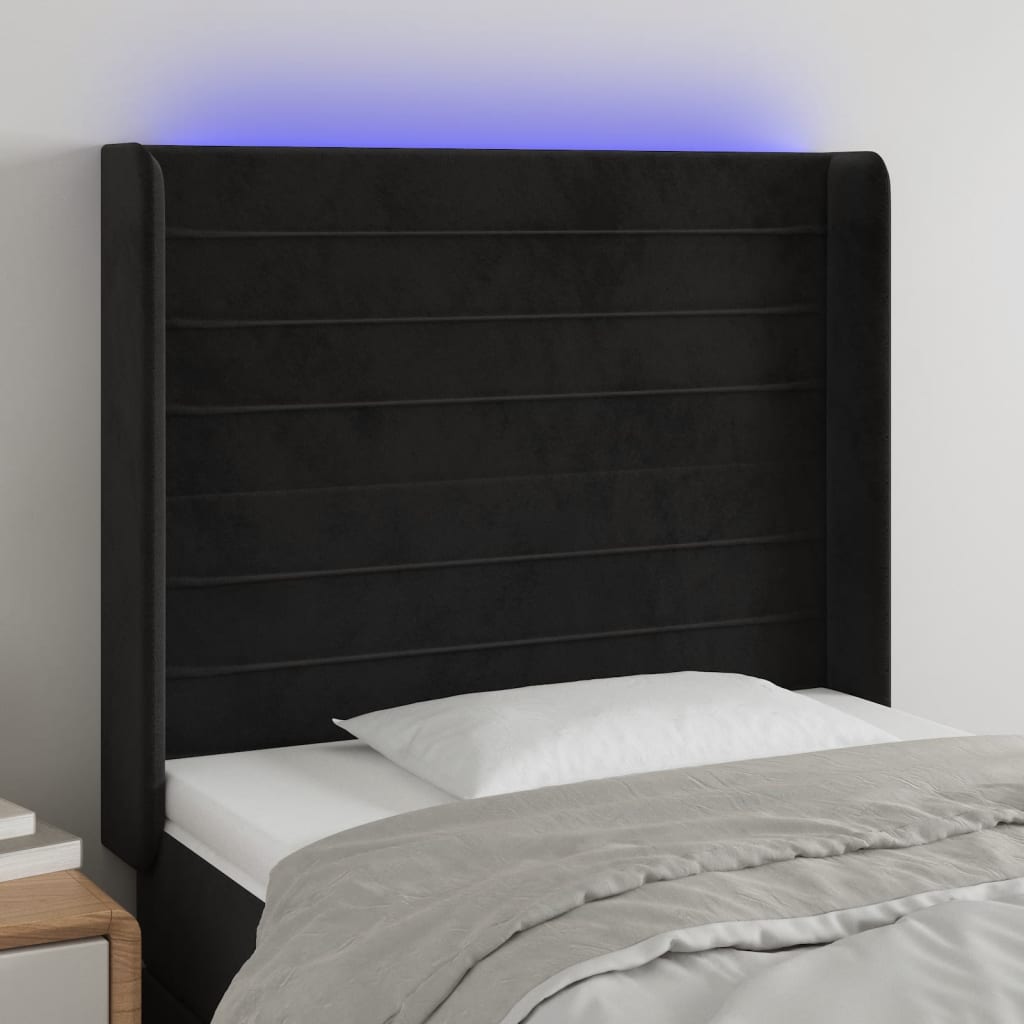 Čelo postele s LED černé 103 x 16 x 118/128 cm samet