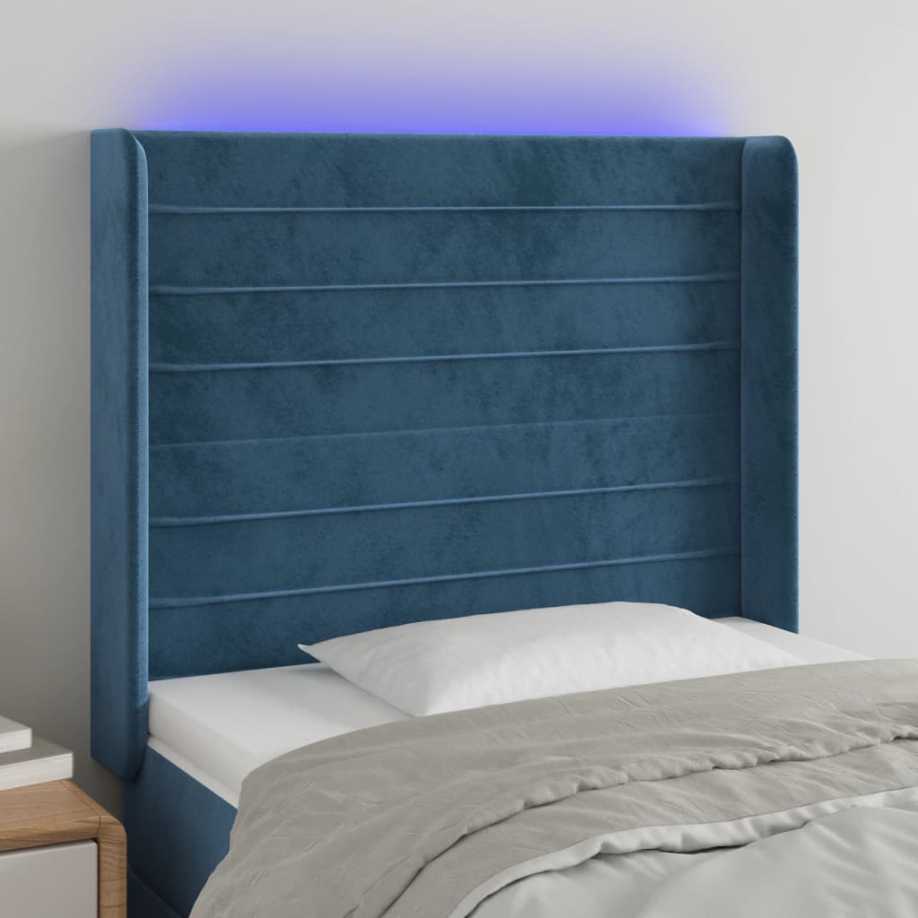 vidaXL Tăblie de pat cu LED, albastru închis, 103x16x118/128cm catifea