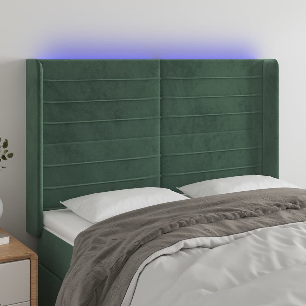 vidaXL Tăblie de pat cu LED, verde închis, 147x16x118/128 cm, catifea