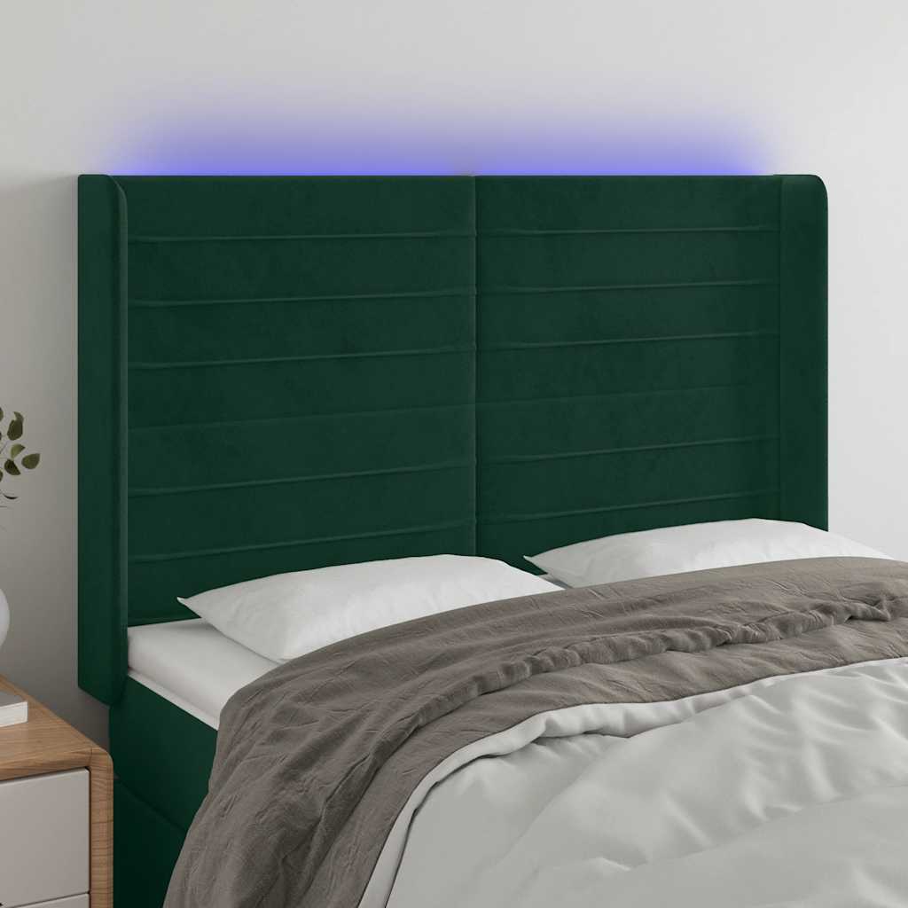 vidaXL Tăblie de pat cu LED, verde închis, 147x16x118/128 cm, catifea