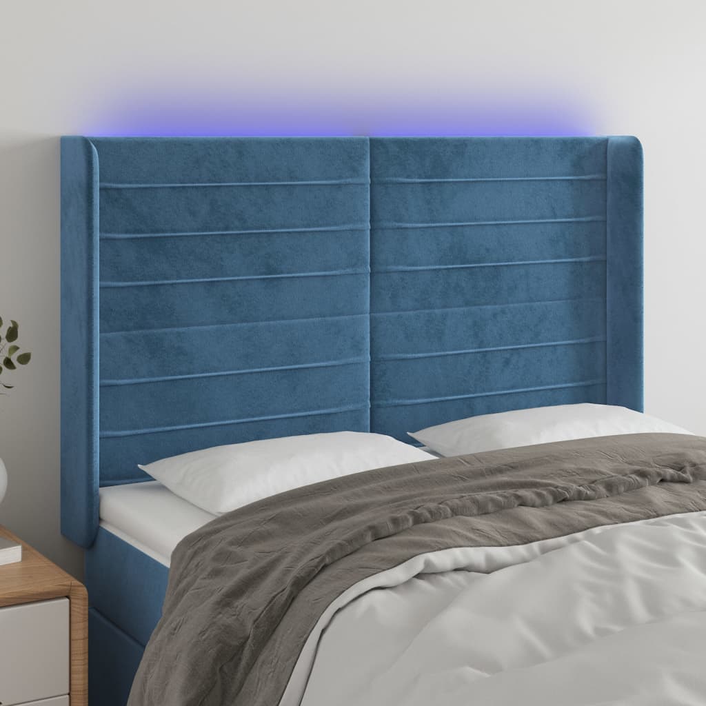 Čelo postele s LED tmavě modré 147 x 16 x 118/128 cm samet