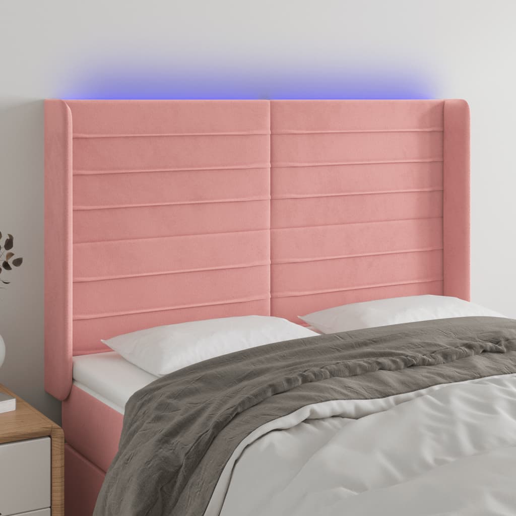 gultas galvgalis ar LED, 147x16x118/128 cm, rozā samts | Stepinfit.lv