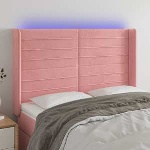 Čelo postele s LED růžové 147 x 16 x 118/128 cm samet - obrázek 1