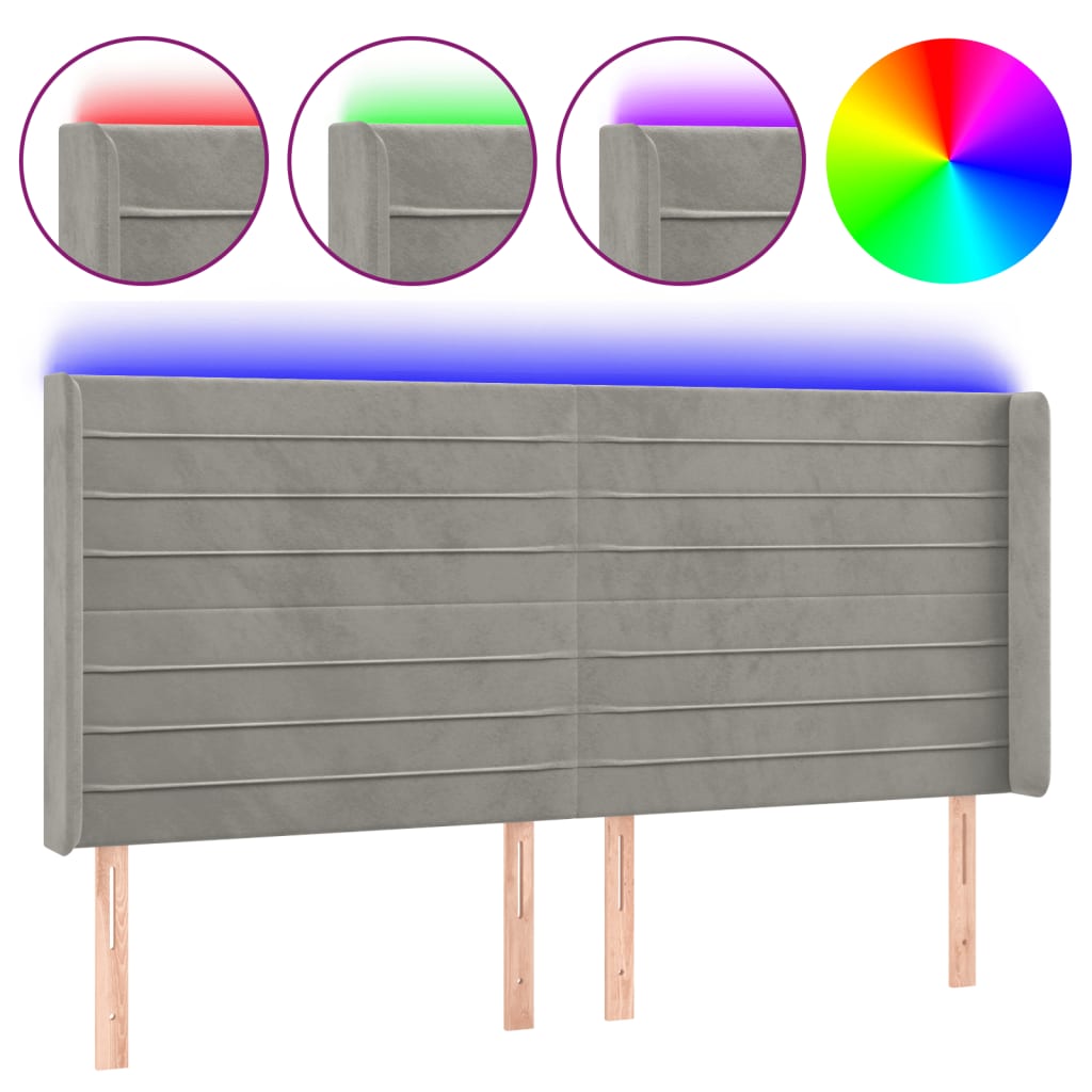 vidaXL Čelo postele s LED světle šedé 163 x 16 x 118/128 cm samet