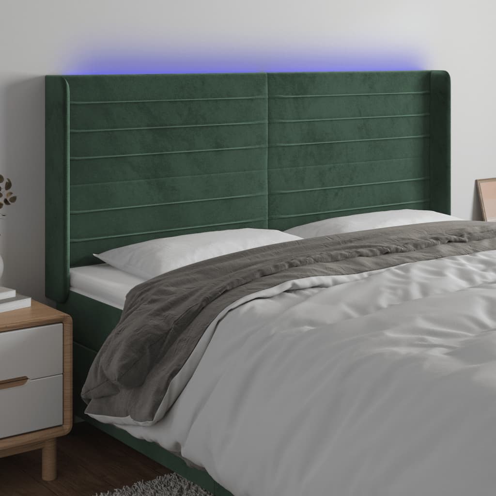 Čelo postele s LED tmavě zelené 183 x 16 x 118/128 cm samet