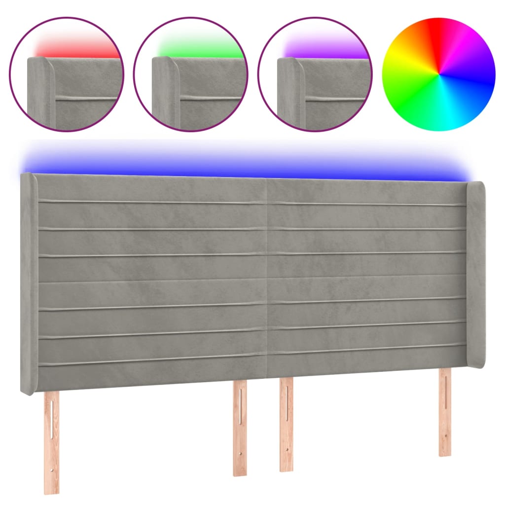 vidaXL Čelo postele s LED světle šedé 203 x 16 x 118/128 cm samet