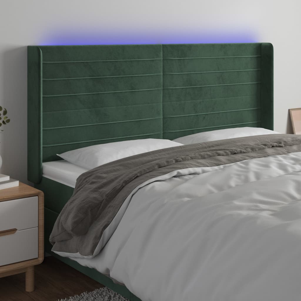 gultas galvgalis ar LED, 203x16x118/128 cm, tumši zaļš samts | Stepinfit.lv