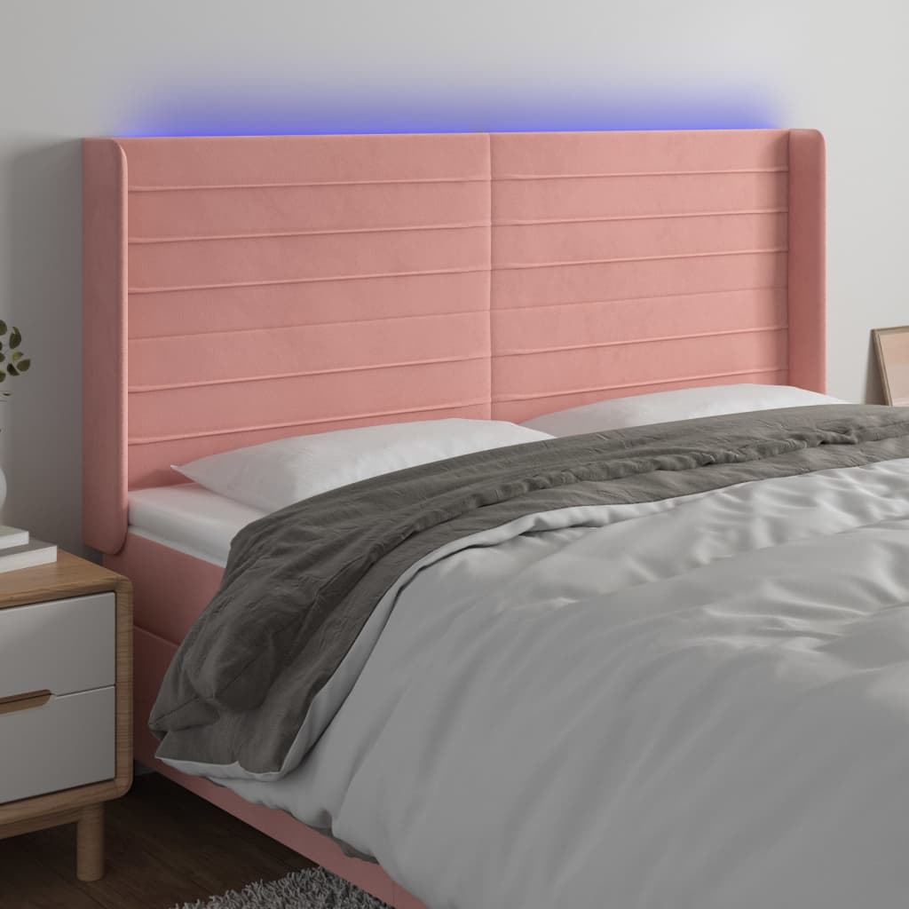 vidaXL Čelo postele s LED růžové 203 x 16 x 118/128 cm samet