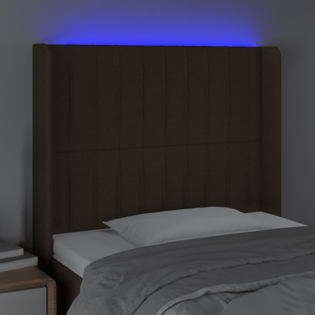 gultas galvgalis ar LED, 83x16x118/128 cm, tumši brūns audums | Stepinfit.lv