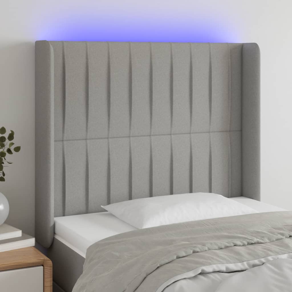 gultas galvgalis ar LED, 93x16x118/128 cm, gaiši pelēks audums | Stepinfit.lv