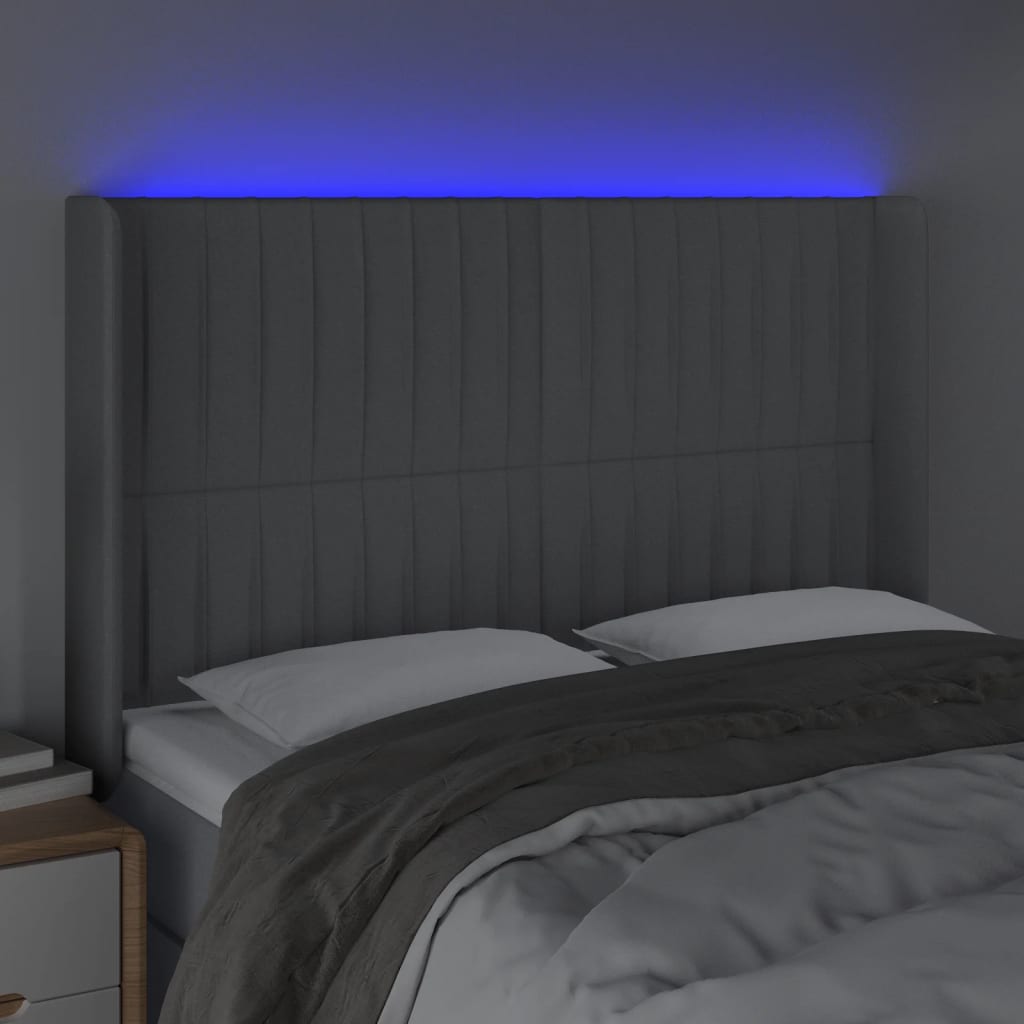 gultas galvgalis ar LED, 147x16x118/128 cm, gaiši pelēks audums | Stepinfit.lv