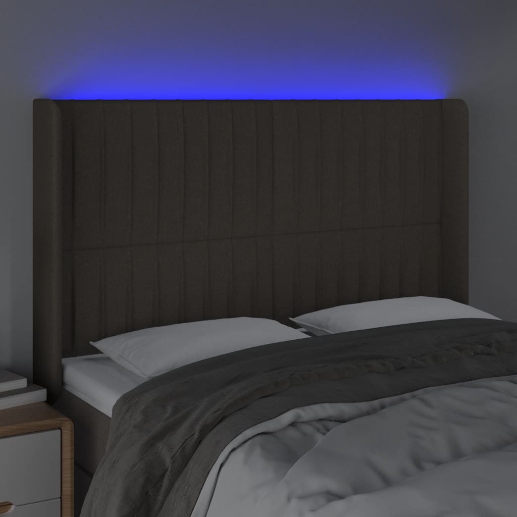 gultas galvgalis ar LED, 147x16x118/128 cm, pelēkbrūns audums | Stepinfit.lv