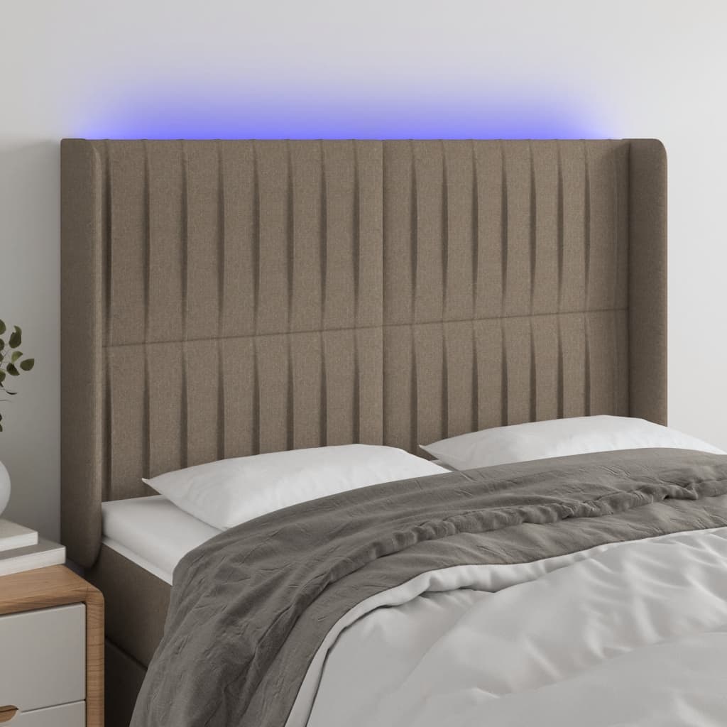 gultas galvgalis ar LED, 147x16x118/128 cm, pelēkbrūns audums | Stepinfit.lv
