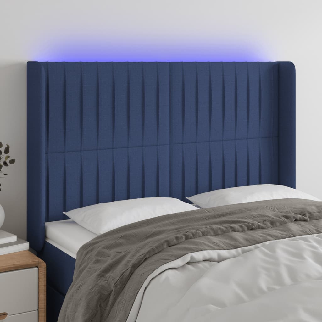 Čelo postele s LED modré 147 x 16 x 118/128 cm textil