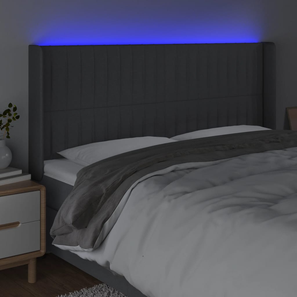 gultas galvgalis ar LED, 163x16x118/128 cm, tumši pelēks audums | Stepinfit.lv