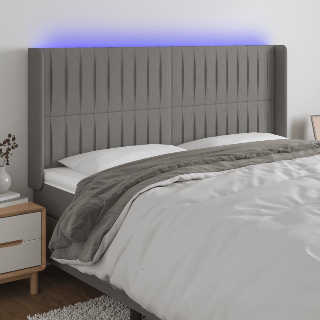 vidaXL Tăblie de pat cu LED, gri închis, 163x16x118/128 cm, textil