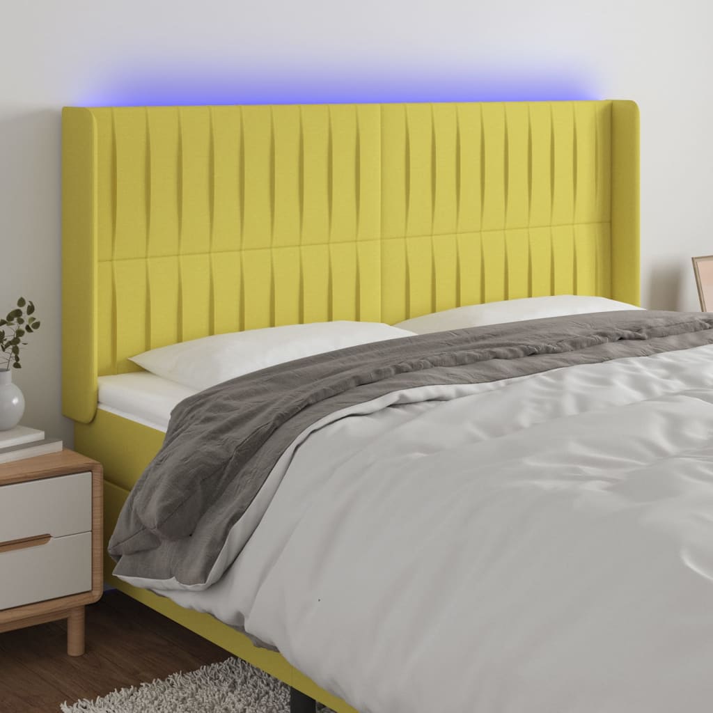gultas galvgalis ar LED, 183x16x118/128 cm, zaļš audums | Stepinfit.lv