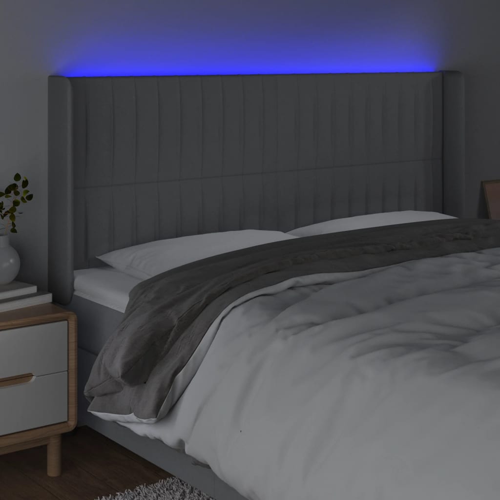 gultas galvgalis ar LED, 203x16x118/128 cm, gaiši pelēks audums | Stepinfit.lv