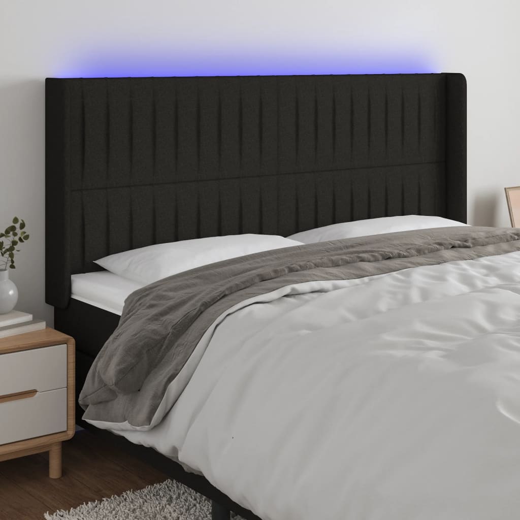 gultas galvgalis ar LED, 203x16x118/128 cm, melns audums | Stepinfit.lv