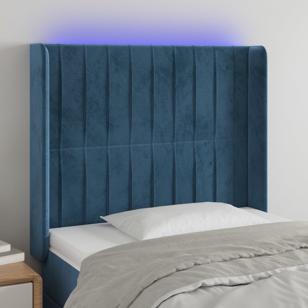 vidaXL Tăblie de pat cu LED, albastru închis, 93x16x118/128cm, catifea