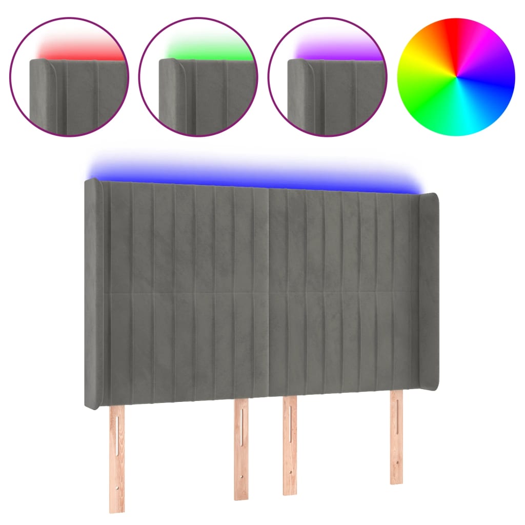 vidaXL Čelo postele s LED světle šedé 147x16x118/128 cm samet