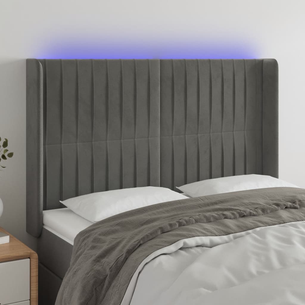 vidaXL Tête de lit à LED Gris clair 147x16x118/128 cm Velours