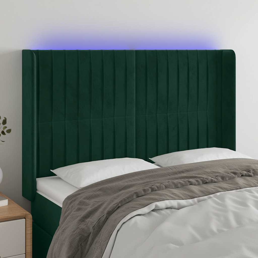 vidaXL Tăblie de pat cu LED, verde închis, 147x16x118/128 cm, catifea