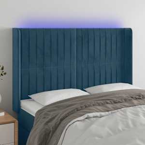 Čelo postele s LED tmavě modré 147 x 16 x 118/128 cm samet - obrázek 1