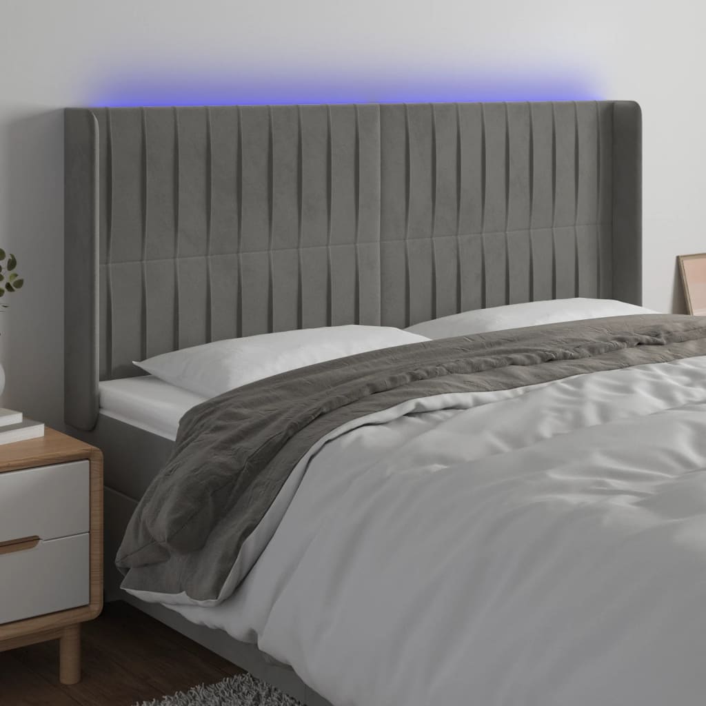 vidaXL Tăblie de pat cu LED, gri deschis, 163x16x118/128 cm, catifea