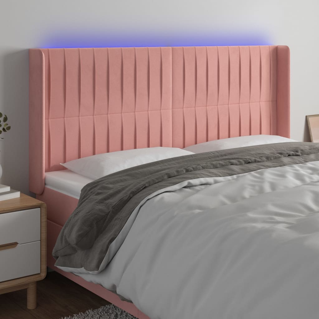 gultas galvgalis ar LED, 163x16x118/128 cm, rozā samts | Stepinfit.lv
