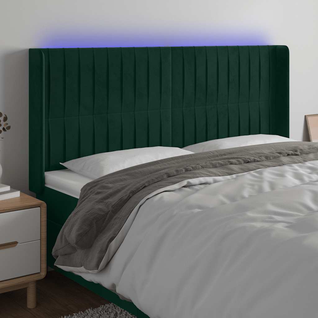 vidaXL Tăblie de pat cu LED, verde închis, 183x16x118/128 cm, catifea