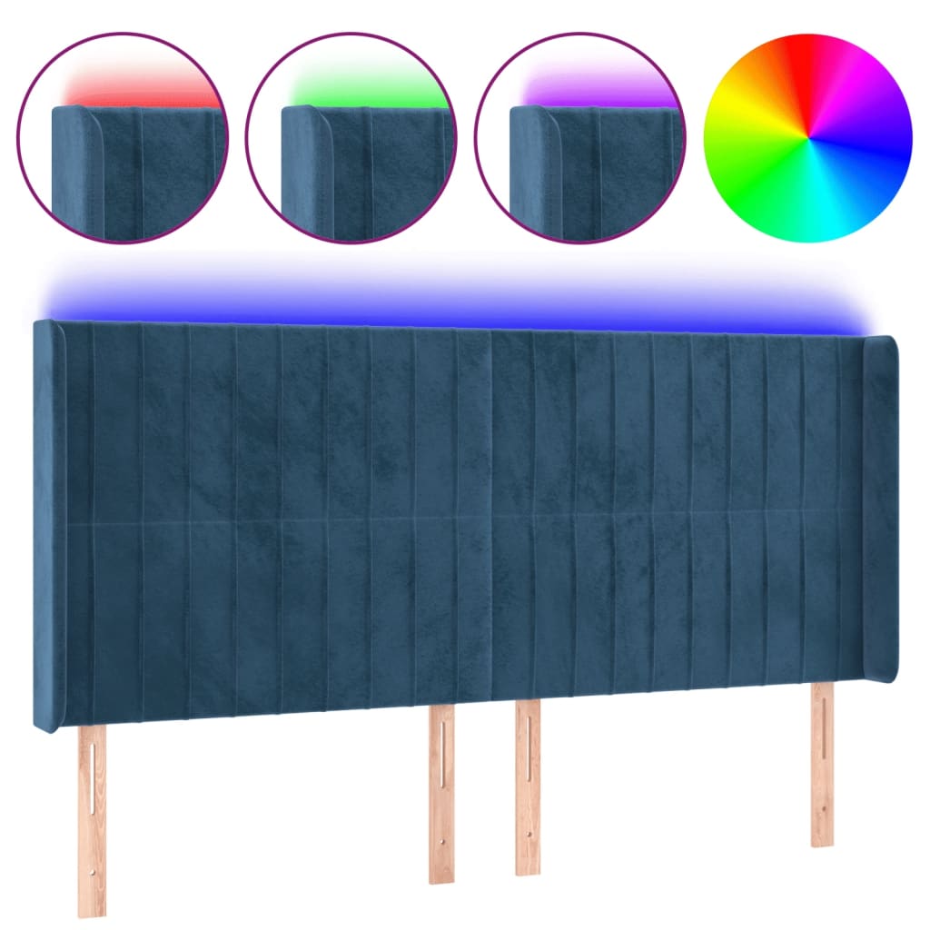 vidaXL Čelo postele s LED tmavě modré 183 x 16 x 118/128 cm samet