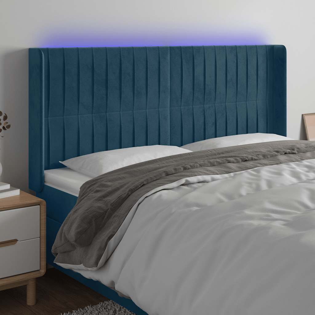 vidaXL Tăblie de pat cu LED, albastru închis, 183x16x118/128cm catifea