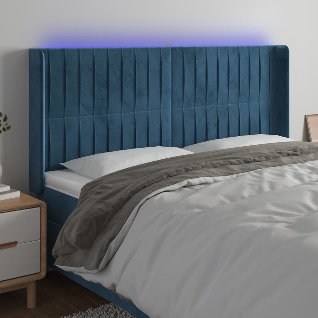 vidaXL Čelo postele s LED tmavě modré 203 x 16 x 118/128 cm samet