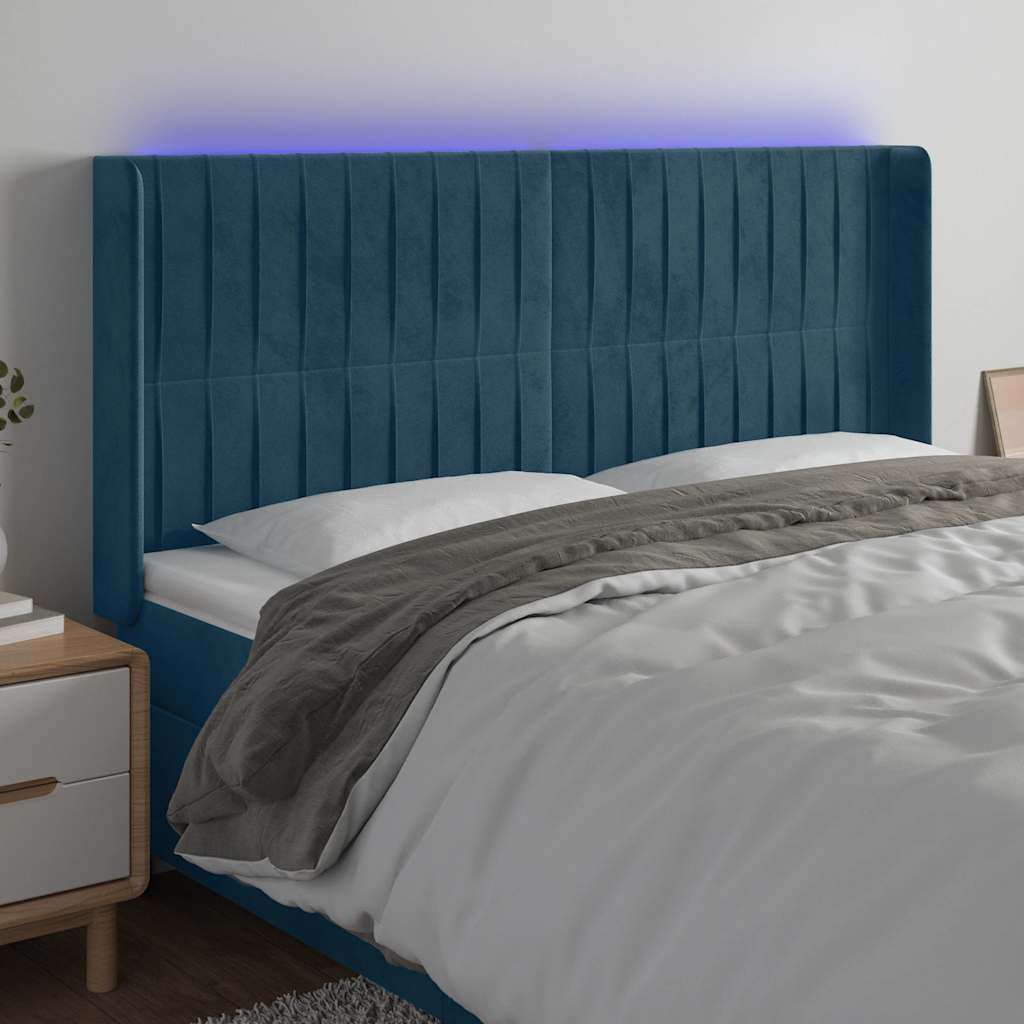 vidaXL Tăblie de pat cu LED, albastru închis, 203x16x118/128cm catifea